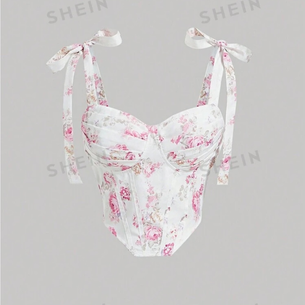 Pink floral shoulder tie top